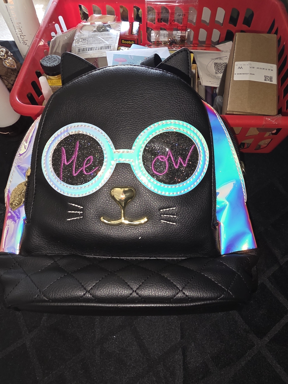 Betsey Johnson Black Cat Mini Backpack with Holographic Pink Accents